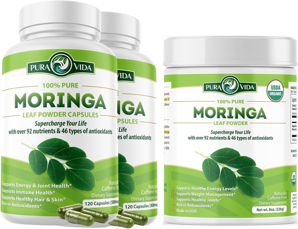 Moringa Capsules 120ct. 500mg Caps. (Pack of 2) y Moringa Powder 8 oz.
