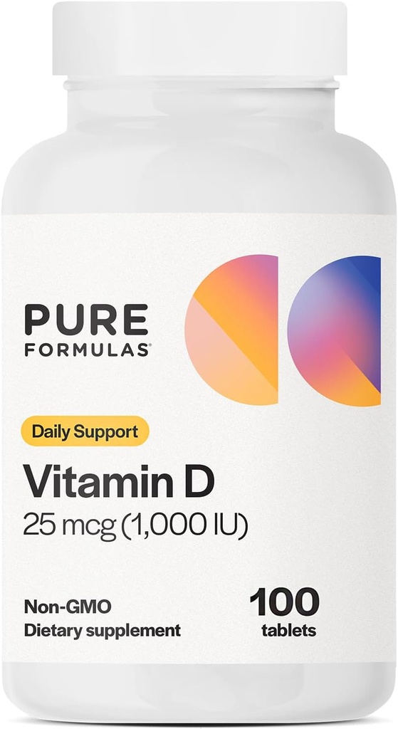 PureFormulas Vitamina D3 1000 UI 25 mcg - Suplemento Premium de Vitamina D para la Formación Sanitaria de Huesos, Dientes, Salud Cardiovascular y Apoyo Inmunitario No GMO - 100 Tablas Cuenta