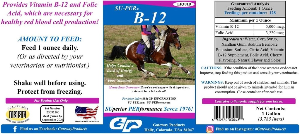 SU-PER B-12 Energy Horse Supplement - Equine Vitamins B-12 & B-9 Folic Acid Support Liquid - Red Blood Cell Production " Stamina Support for Peak Performance - Gallon, 4 Month Supply (120 Days)
