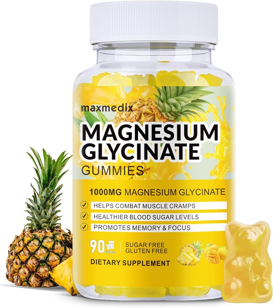 Magnesio Glycinate Gummies 1000mg, Azúcar suplementos de potasio libre de magnesio Chewable para adultos con L-Threonate para el sueño, el apoyo corporal y la relajación,90 Mango Pineapple Gummies