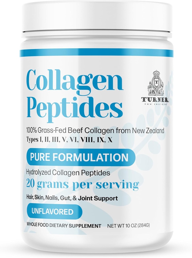 TURNER Collagen Peptides Powder Pure Formulation, 100% Grass-Fed Beef Bone Collagen de Nueva Zelanda, Unflavored, 10 oz