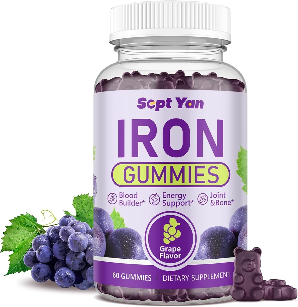 Gummies de Hierro para Mujeres y Hombres, Gummies de Hierro con Folate, Vitamina B12, Zinc &amp; D3 para el Edificio de Sangre, Energía, Apoyo Inmunitario &amp; Bone Health, Gentle Absorption, Vegan,Grape Favour 60ct