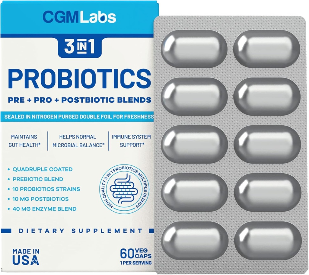 Probiotics 3 in 1 - Prebiotics + Probiotics + Postbiotics All in one! Nitrogen Purged, Individually Packed in Double-foil Blister for Freshness - 60 Veg caps by CGM Labs