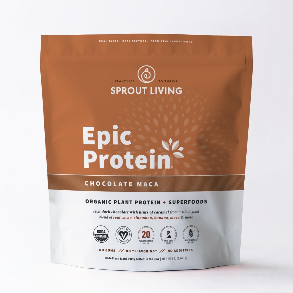 Sprout Living Epic Protein, Plant Based Protein & Superfoods Powder, Chocolate Maca Powder  20 Grams Organic Protein Powder, Vegan, Non Dairy, Non-GMO, Gluten Free, Low Sugar (5 libras, 60 servidos)