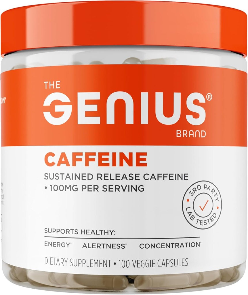Genius Caffeine - Píldoras microencapsuladas de liberación para energía suave y duradera - No Jitters o Crash - 100mg por cápsula - 100 Servings - Booster de rendimiento natural