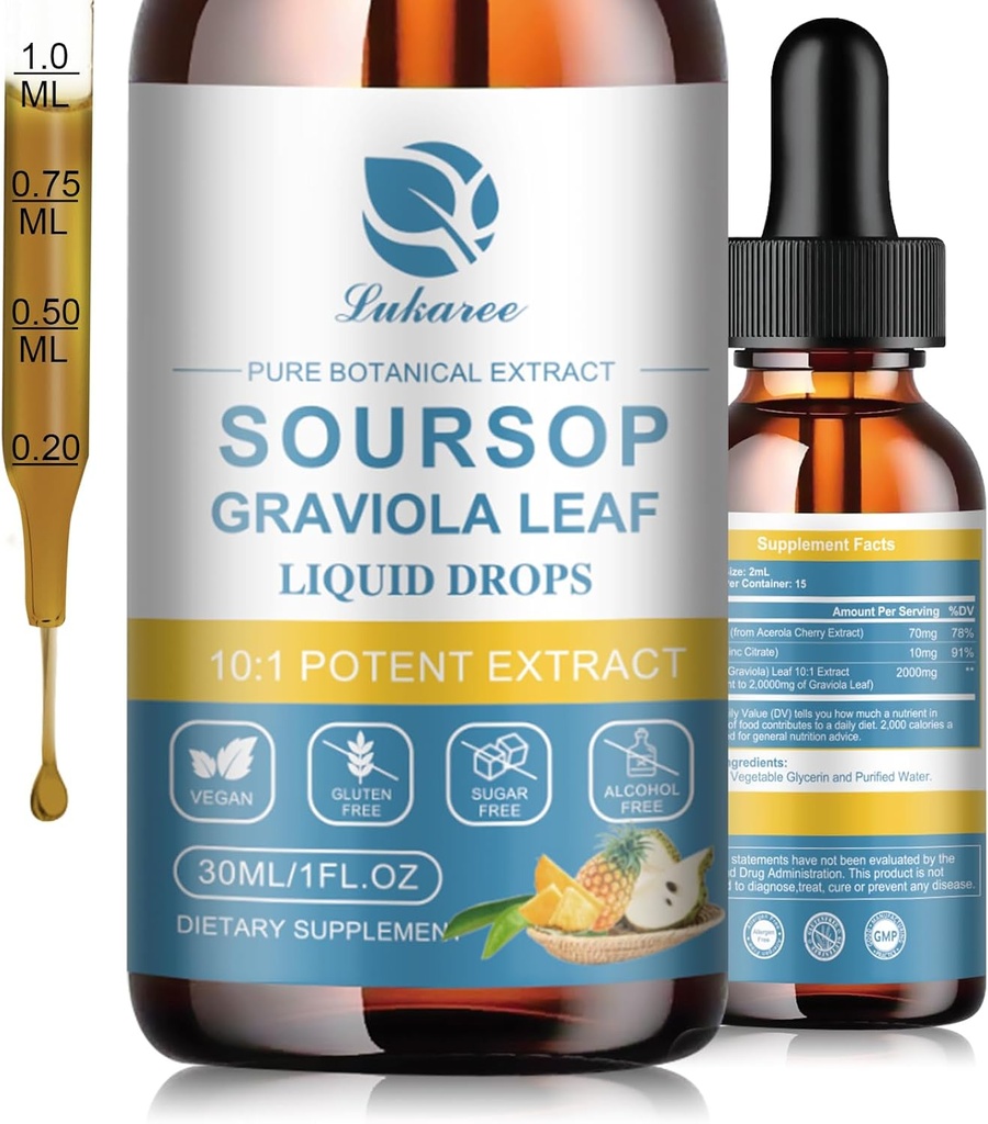 Lukaree Nature Soursop Bitters Líquido, 15 días de suministro de aceite de graviola para la regeneración celular, antioxidante, inmune Boost, Digestivo, libre de azúcar, libre de gluten, gotas multivitamina SOP 1 FL OZ