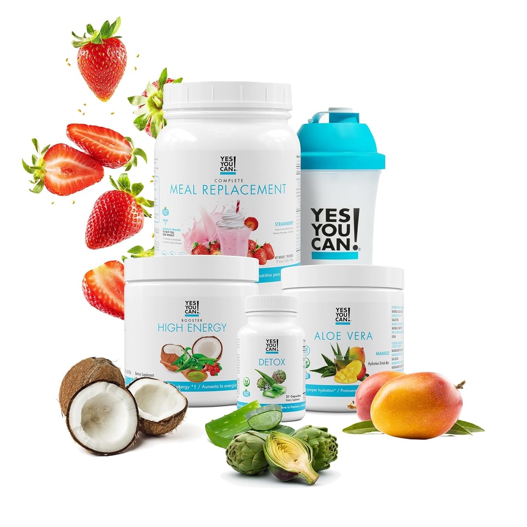 Sí Puedes! Detox Plus Kit, Limpieza diaria Reemplazo de fibra pura, Mezcla de bebida, Agitar Booster y Suplemento, Kit de limpieza corporal para mujeres, Limpieza diaria del sistema - Strawberry, Aloe Vera Mango