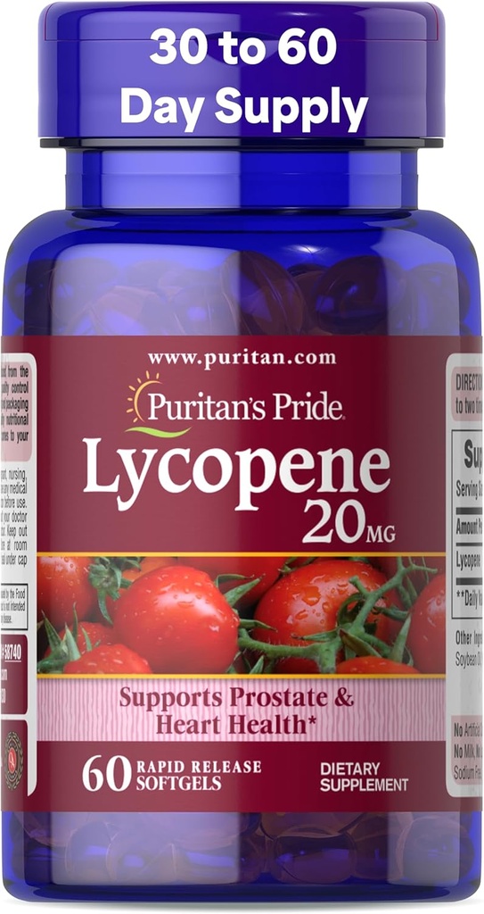 Pride de Puritan Premium Lycopene 20mg, Suplemento dietético para la próstata, antioxidante, salud cardíaca y apoyo general de salud, 1 mes de suministro, 60 Rapid Release Softgels