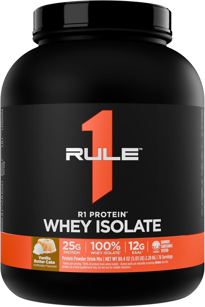 Regla 1 R1 Proteína Whey Isolate - con 25g Protein &amp; 6g BCAA Exclusivamente de Fuentes hidrolizadas e hidrolizadas para la recuperación del entrenamiento (5 libras*, pastel de mantequilla de vainilla)
