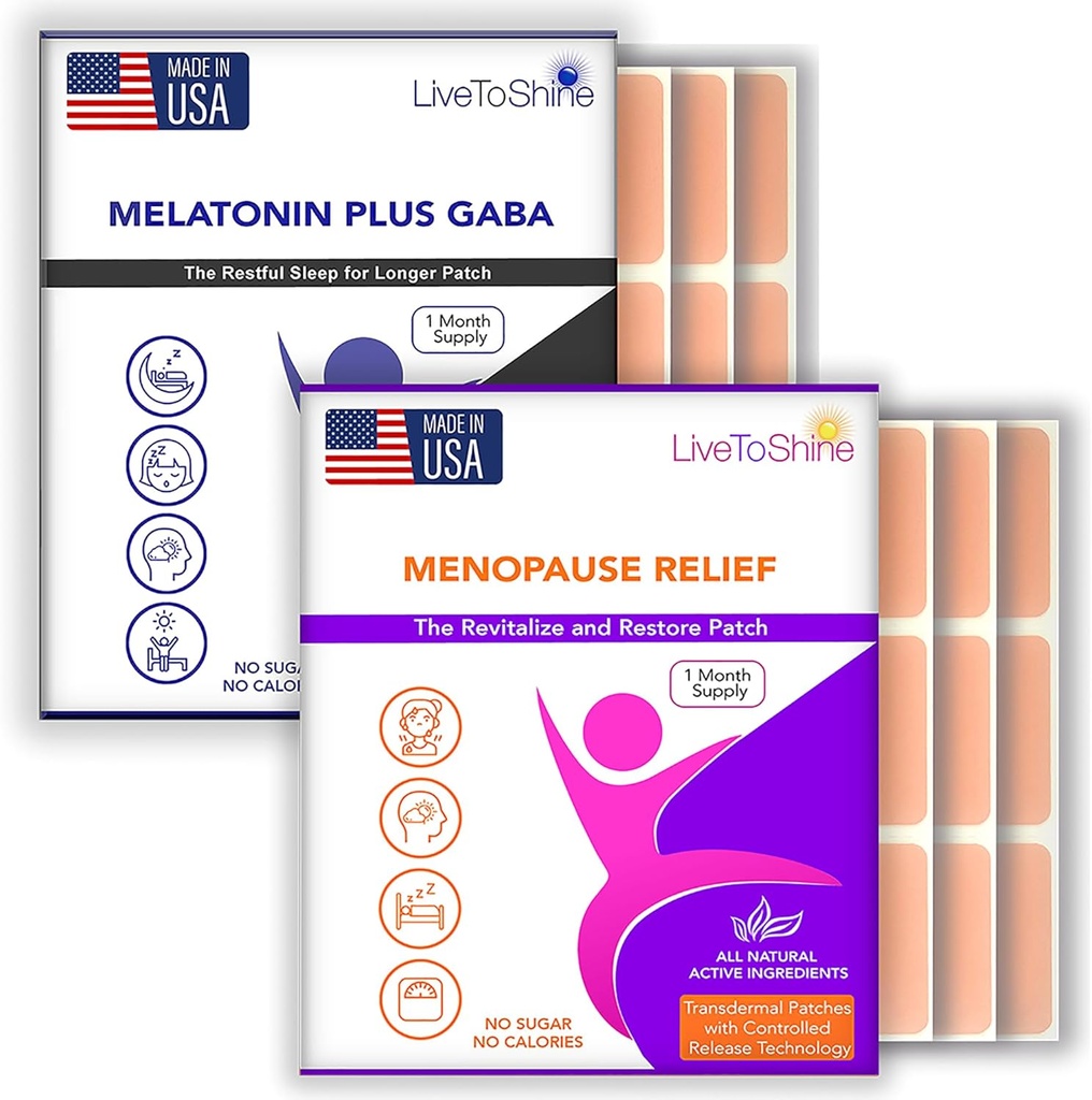 Menopause Relief and Melatonin Sleep Patch Bundle - 2 Packs - Hot Flashes, Night Sweats, Mood Swings Relief Plus Restful Sleep Patches - 30 Day Supply Por Pack (60 Patches) - USA Hecho por Live To Shine