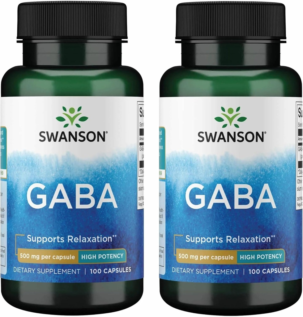 Swanson GABA - Suplemento de Aminoácidos Promoción de la calma " Relajación para apoyar el sueño relajante - Fórmula de alta potencia para apoyar los niveles de estrés saludable - (100 cápsulas, 500 mg cada uno) (2 Pack)