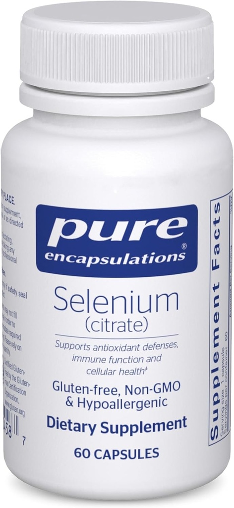 Encapsulaciones puras Selenium (Citrate) - para el soporte del sistema inmune " Salud celular - Suplemento antioxidante - Apoyo al flujo sanguíneo* - Gluten Free " Vegan - 60 cápsulas
