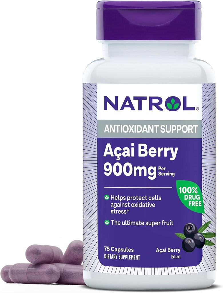 Natrol Acai Berry 900 mg por servidumbre, Suplemento dietético para soporte antioxidante, 75 cápsulas, 37 días de suministro