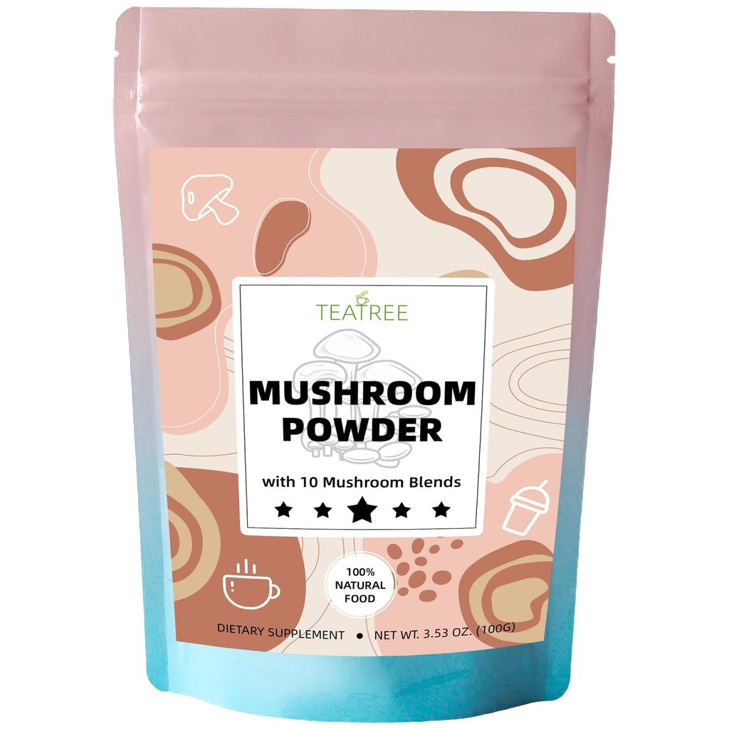 10 Mushrooms Powder, Mushroom Supplement Blend for Coffee, Beverages & Smoothies, Natural Focus, Energy & Immune Support Supplement - 3.53 oz / 100g