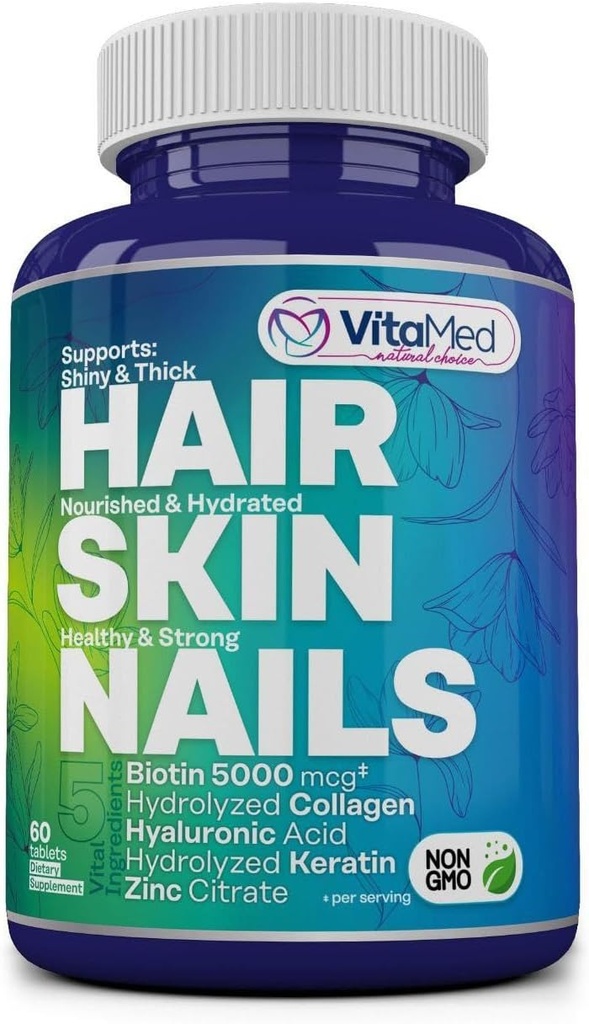 VitaMed Hair, Skin & Nails – Biotin 5000 mcg, Collagen, OptiMSM, Keratin, Hyaluronic Acid &amp; Silica ← Soporta el crecimiento del cabello, la piel radiante, uñas fuertes ← Halal, no Gluten-Free – 60 tabletas de belleza