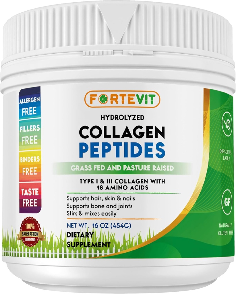 Péptidos de colágeno FORTEVIT Polvo para Hombres de Mujeres – Hidrolyzed Tipo I " III – Boosts Skin Elasticity, Hair & Nail Strength, Joint Support – Unflavored, Grass‐Fed, Non-GMO, Keto & Paleo – 16 oz Jar
