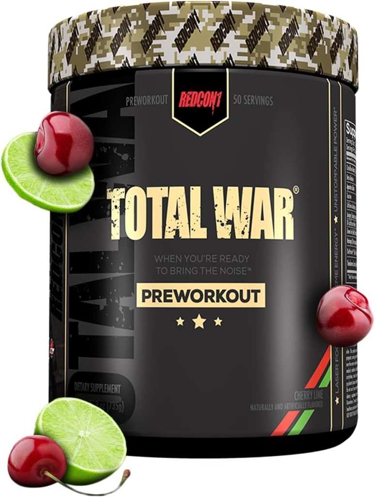 REDCON1 Total War Pre Workout, Cherry Lime - Beta Alanine + Citrulline Malate Vegan & Keto Friendly Preworkout for Men & Women with 320mg of Caffeine (50 Servings)