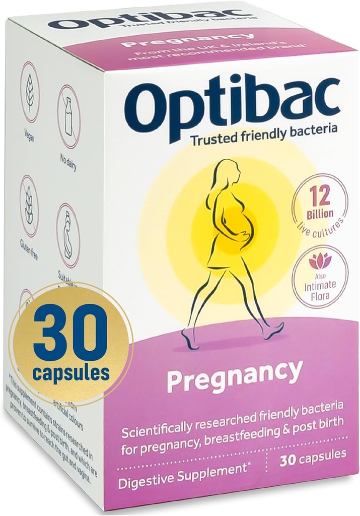 Optibac Probiotics Pregnancy - 12 Billion CFU & FOS Fibres, Vegan Probiotic Supplement for Pregnant & Breastfeeding Women, 30 Capsules