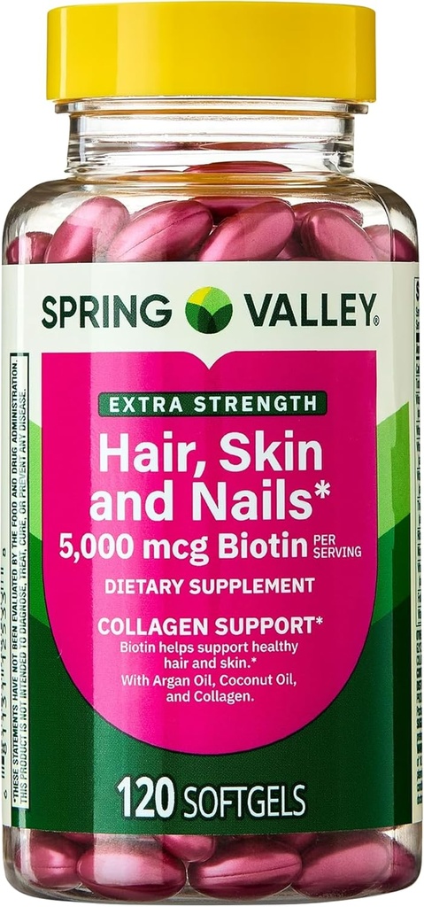 Spring Valley Extra Strength Hair, Skin, & Nails Collagen Support Softgels, 5000 mcg Biotin, 120 Conde, Biotin for Hair Nail Skin Support, Vitaminas para Mujeres