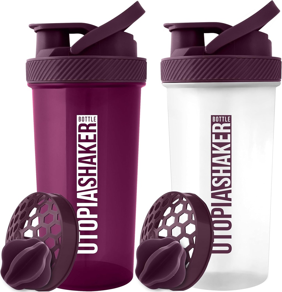 Utopia Home Protein Shaker Botella - (Pack of 2) 28-Ounce Botellas Shaker Para Mezclas Protein - Fitness Sports Classic Protein Mixer Botella (Plum &amp; Clear/Plum)