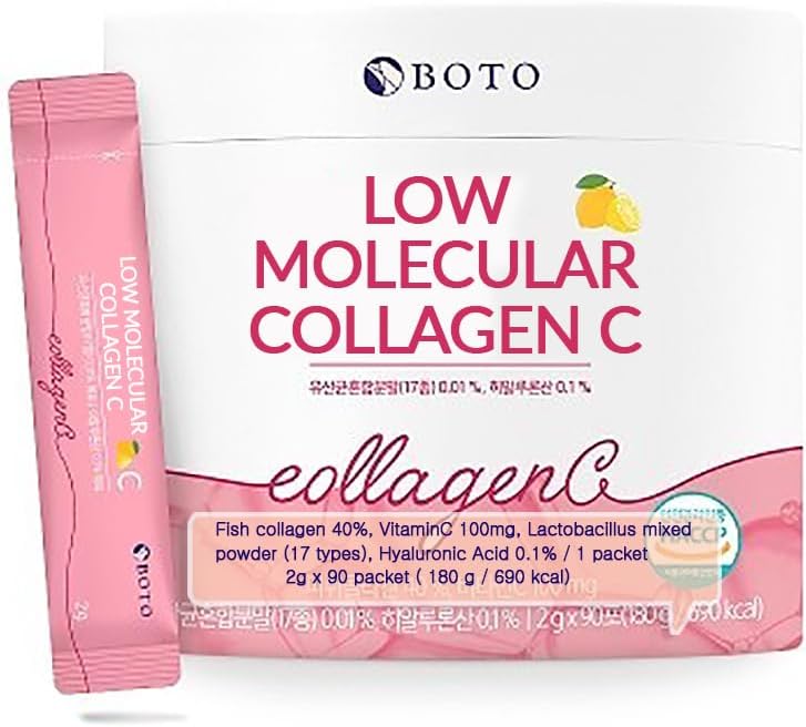 BOTO Low Collagen C - Korean Beauty Collagen Peptides Powder Suplemento con ácido hialurónico y vitamina para el cabello de piel Junta de uñas, Lemon Flavored - durante 3 meses - 90 de paquetes