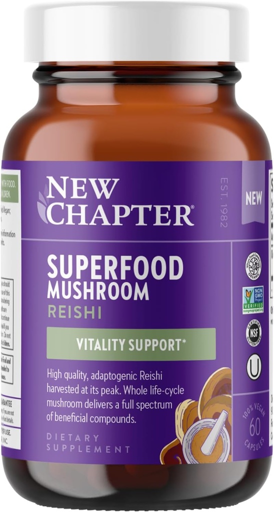 Nuevo Capítulo Superfood Reishi Mushroom Capsules – Certified Organic USA-Grown 100% Vegan Mushroom Suplemento para Vitality Support* No GMO, Certified Gluten Free, 60 ct