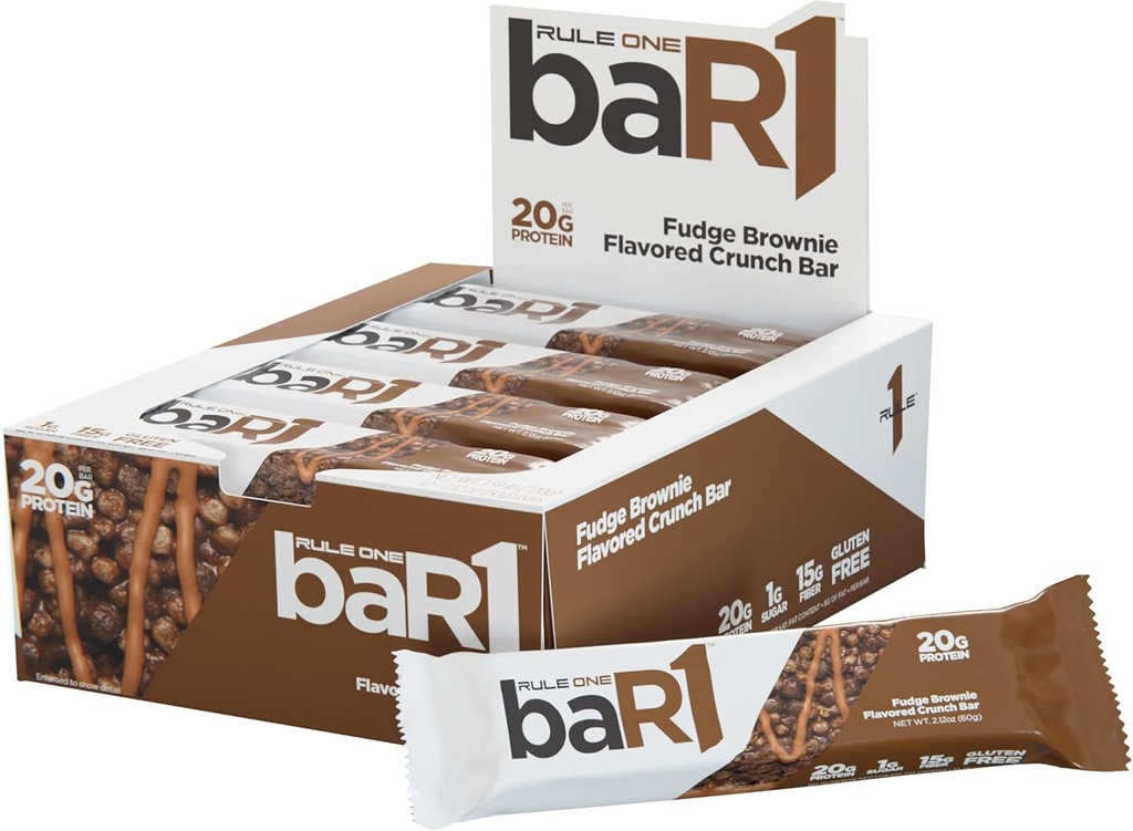 Regla 1 baR1 Crunch Bar - On-The-Go Convenient Protein Snack Bares con 20g Premium Protein, Naturalmente-Packed con EAAs/BCAAs, Hunger-Filling Fiber (12 Conde Box, Fudge Brownie)