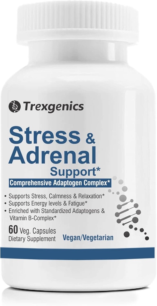 Trexgenics Advanced Stress &amp; Adrenal Support 5X ADAPTOGENS Ashwagandha, Rhodiola, Bacopa Bacosides, Panax Ginseng &amp; Maca + B-Complex(60 Veg Capsules)