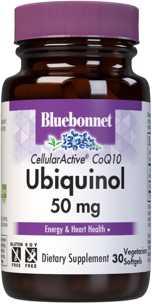 Bluebonnet Nutrition Cellular Active CoQ10 Ubiquinol 50 mg Vegetarian Softgels, Heart Health & Cellular Health, Ubiquinol de Kaneka, Non GMO, Gluten Free, Soy Free, Milk Free, 30 Vegetarian Softgels