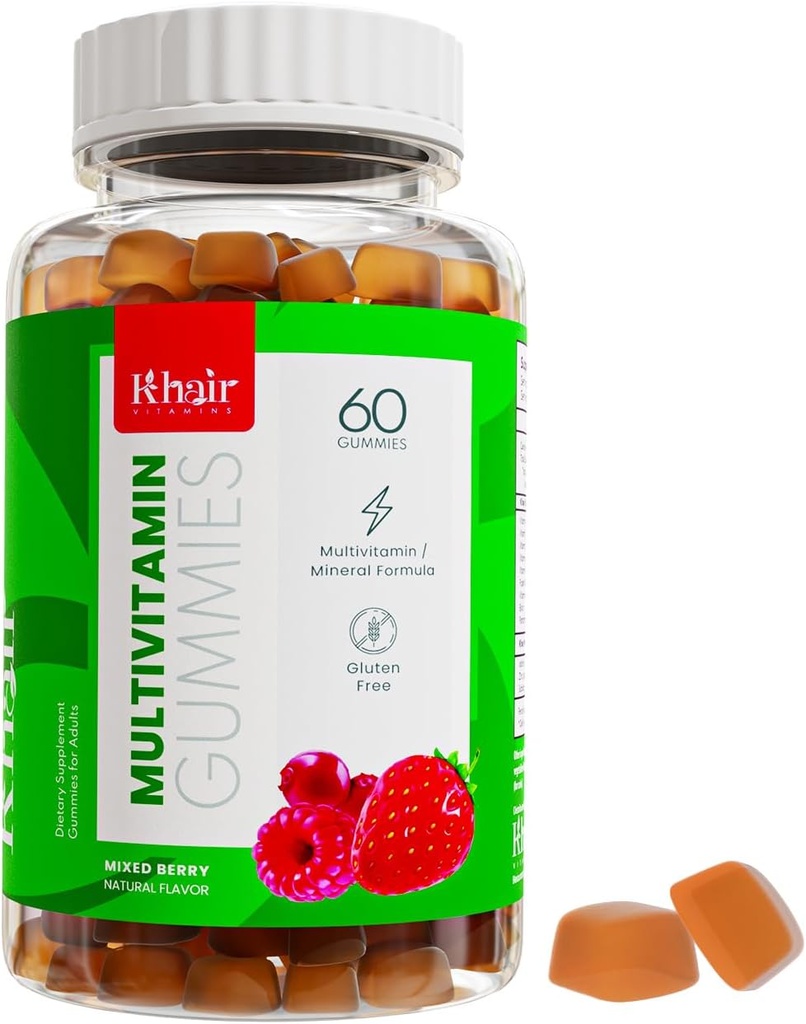 Khair Halal Adulto Multivitaminas Gummy - Vegan, No GMO - Gluten Gratis, Gelatina Gratis - Vitaminas esenciales: Vitamina A E C D B12 & Vitamina B6 Vitaminas Halales - 60 Gummies