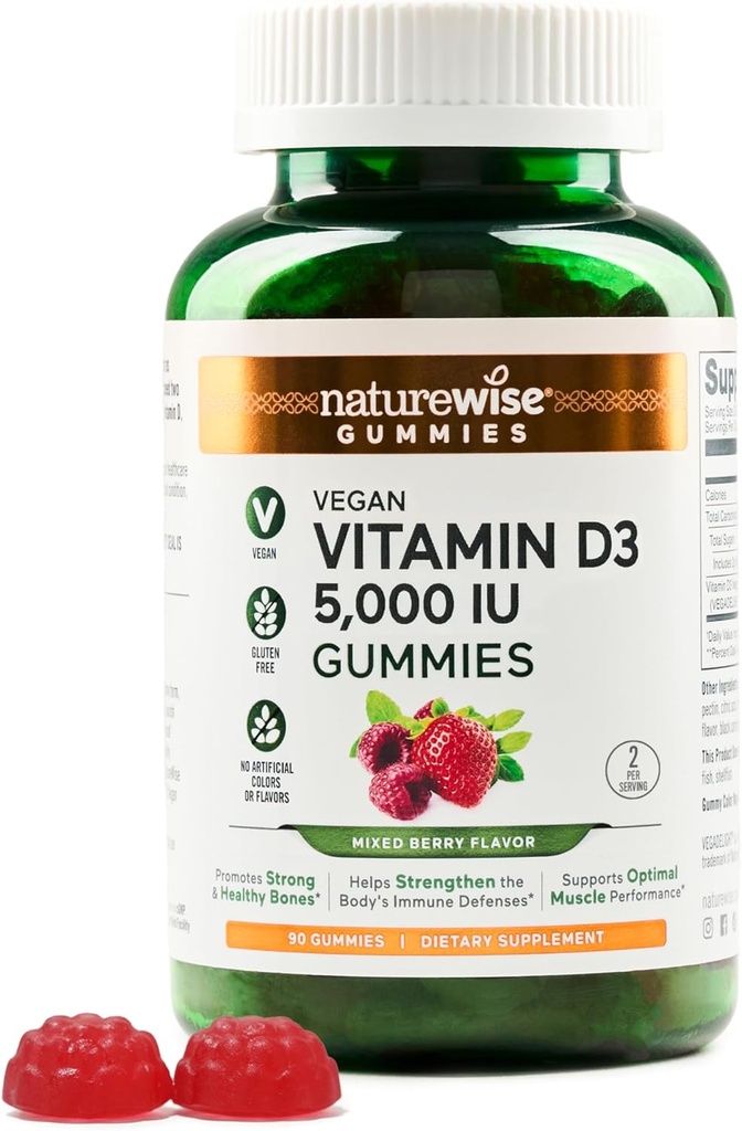 NatureWise Vitamin D3 5000 UI Gummies - Mixed Berry Flavor - Vegan D de Lichen, Pectin Based, Immune Support for Adults, Muscle & Bone Strength - Gluten Free, Non-GMO - 90 Count[45-Day Supply]