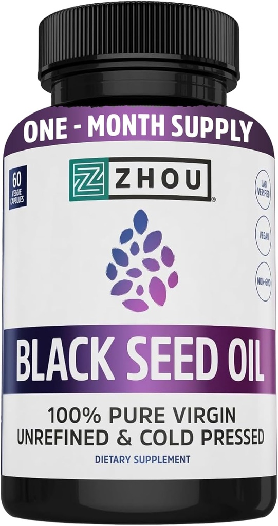 ZHOU Black Seed Oil Capsules - Black Cumin Seed Oil Cold Presionado, Nigella Sativa, Pure Unrefined Blackseed, Premium Supplement for Health, Hair & Skin w/Thymoquinone - 60 cápsulas (Pack of 1)