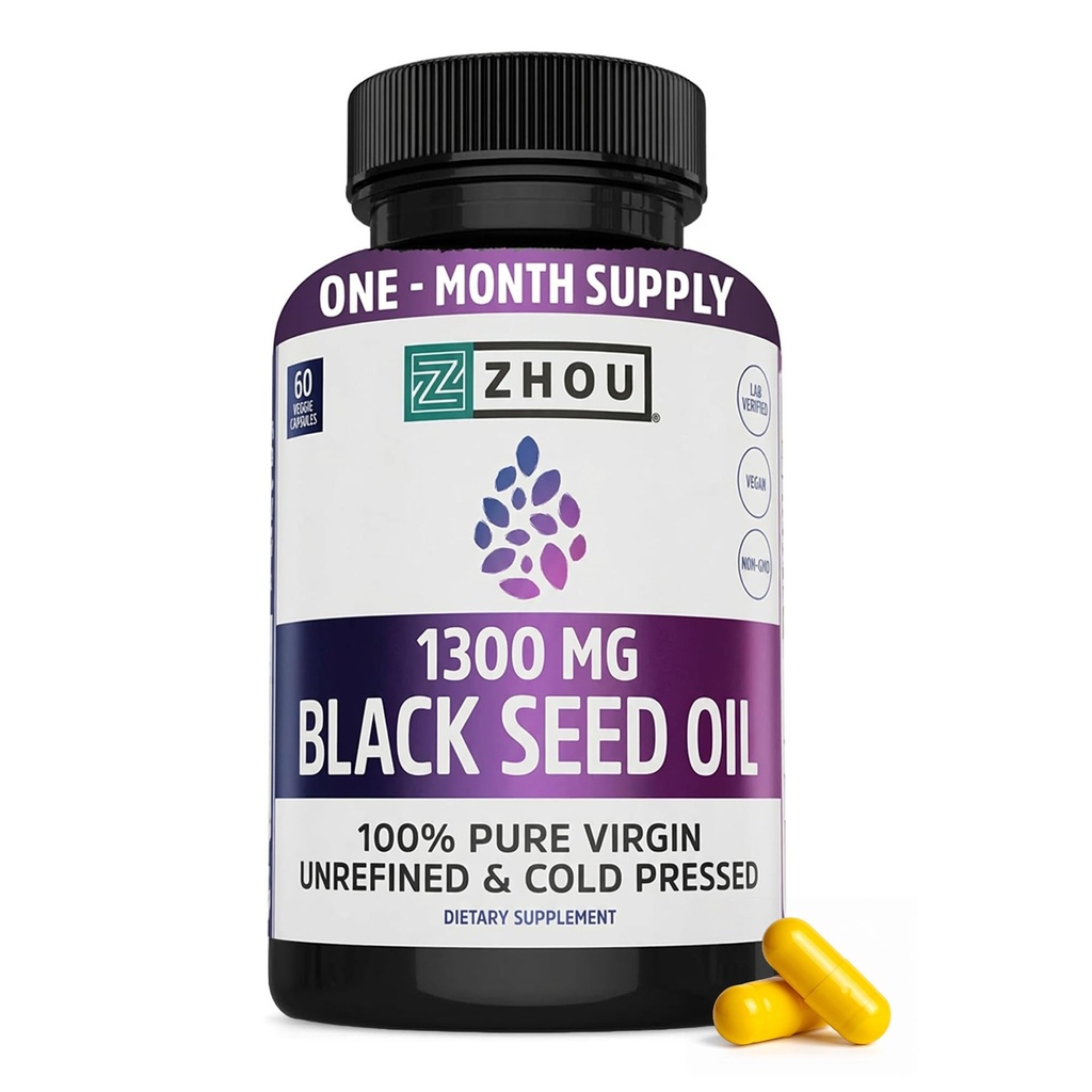 ZHOU Black Seed Oil Capsules - Black Cumin Seed Oil Cold Pressed, Nigella Sativa, Pure Unrefined Blackseed, Premium Supplement for Health, Hair & Skin w/Thymoquinone - 60 Capsules (Pack of 1)