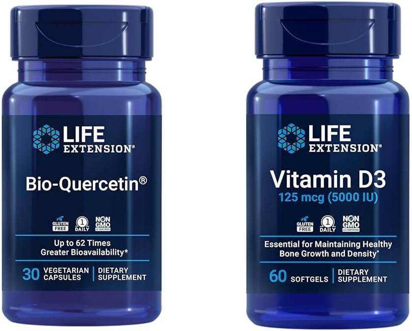 Extensión de vida Bio-Quercetina Immune & Heart Health Antioxidant 30 cápsulas + Vitamina D3 5000 UI 60 Softgels