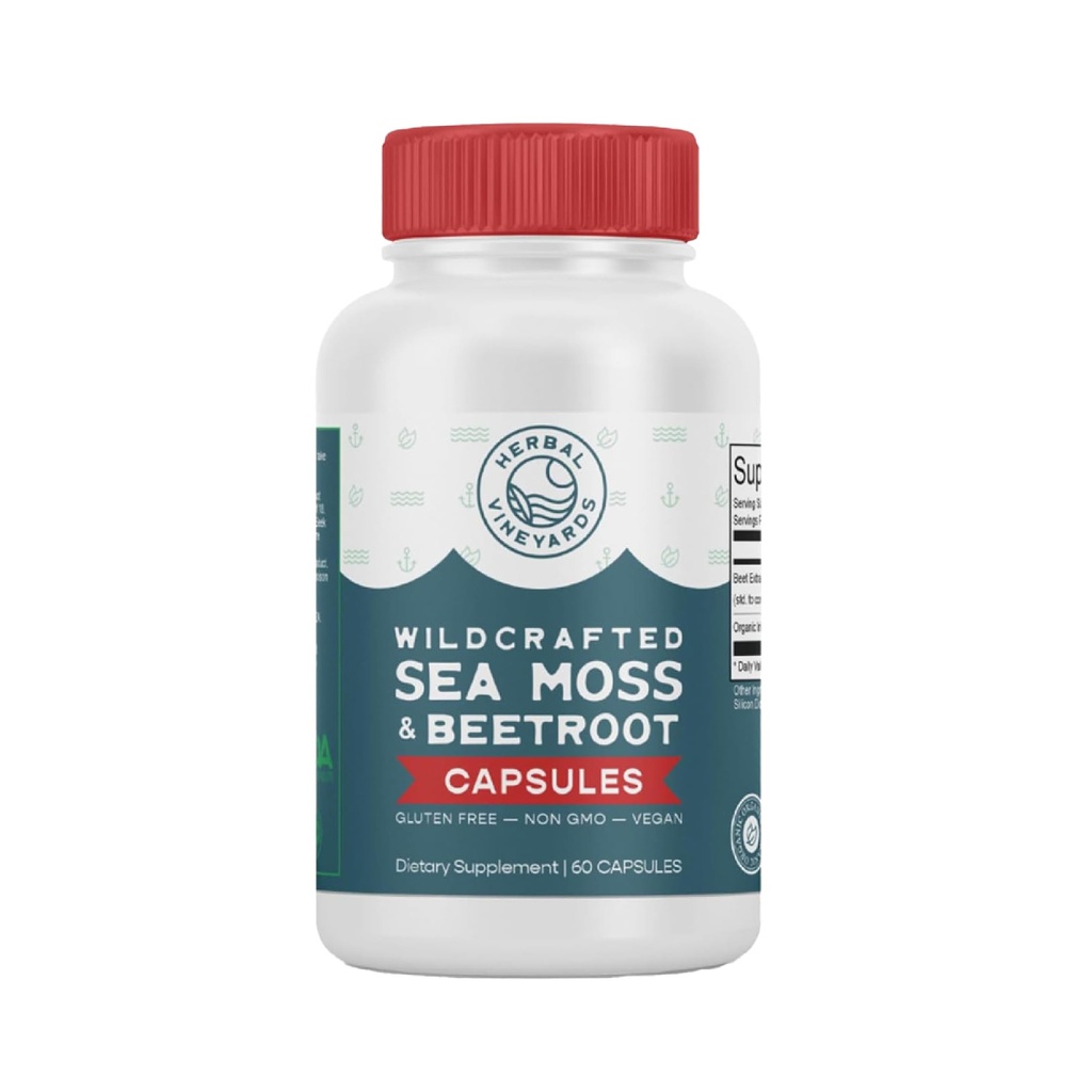 Herbal Vineyards Organic Wildcrafted Sea Moss and Beetroot 60 Capsules  Immune Support, Digestive Health &amp; Improved Energy ← Vegan Friendly ← Non-GMO ← Ethically Sourced