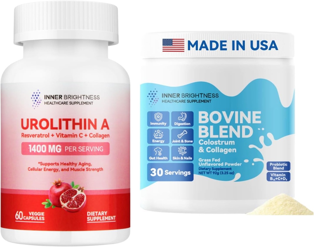 Urolithin A Supplement 1000 MG for Muscle Strength + Bovine Colostrum & Collagen Powder for Gut Health, Immune Support, Hair Growth &amp; Beauty Supplement