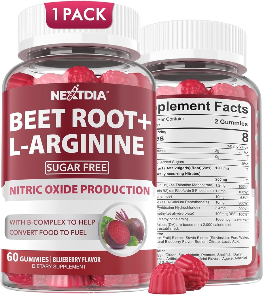 Beet Root Gummies " L-Arginine, Nitric Oxide Supplements for Men " Women w/Organic Beets, B1, B2, B3, B5, B6, Folate, B12 for Energy Boost " Circulation Support, Sugar Free, 60 Cts
