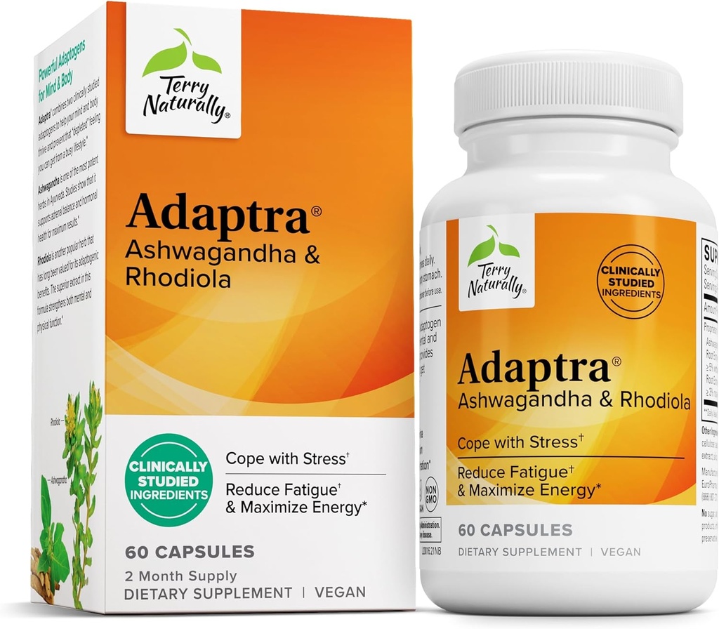 Terry Naturally Adaptra - Supplement to Support Adrenal Health - Ashwagandha Supplement with Rhodiola Rosea Extract - Herbal Supplement to Support Energy & Concentration - 60 Capsules