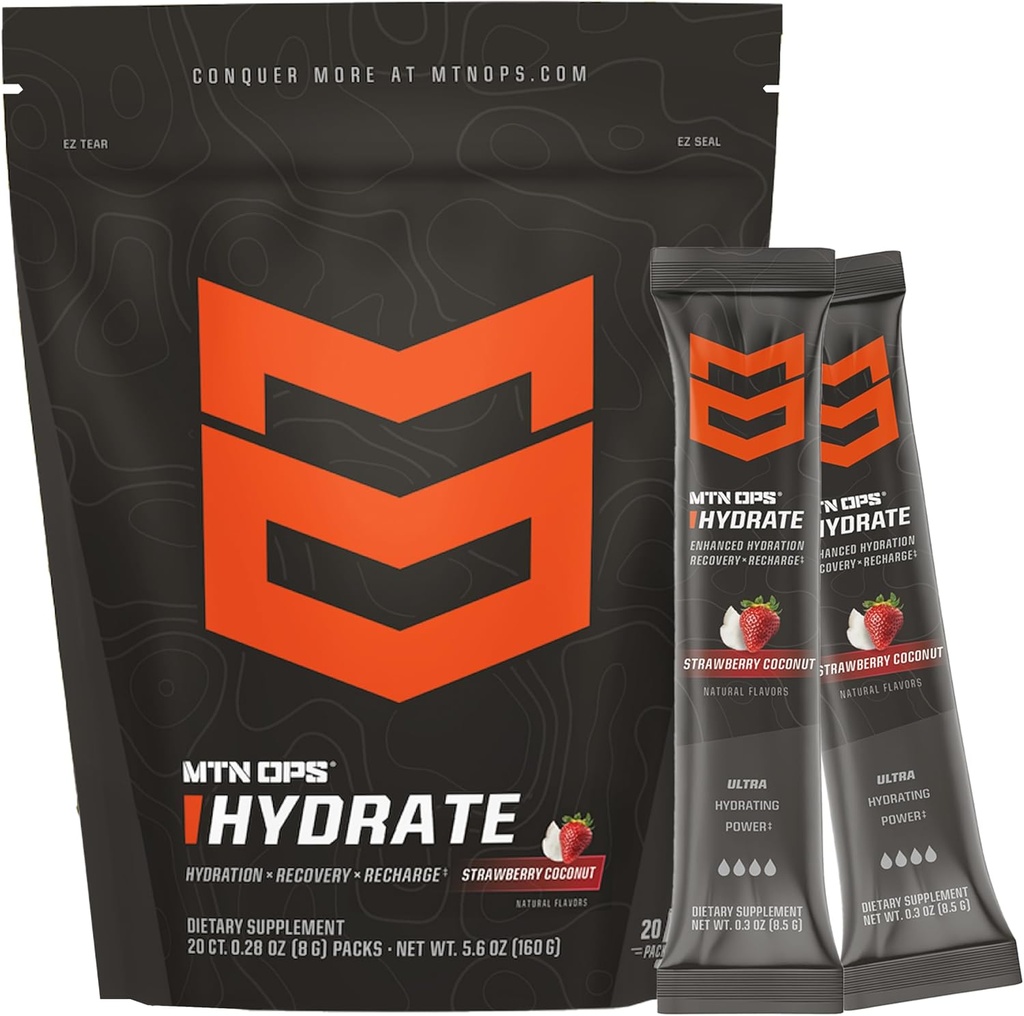 MTN OPS Hydrate Electrolytes Powder Drink Mix, 20 Single Serving On-The-Go Electrolyte Packs con más de 1000 mg de electrolitos por Serving, Strawberry Coconut