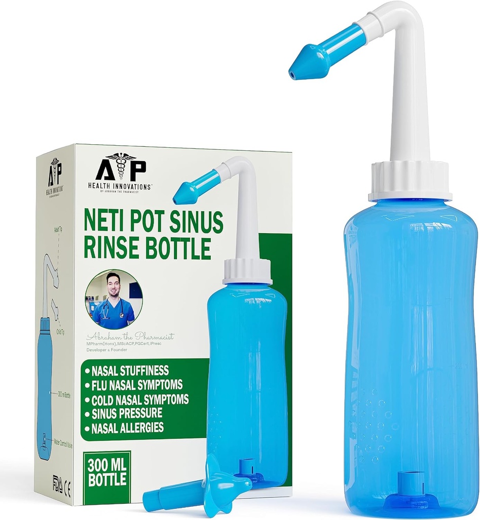 Neti Pot Sinus Rinse Bottle for Natural Sinus Relief - Nose Wash Cleaner Pressure Rinse for Adult &amp; Kid - Nasal Irrigation System by Abraham The Pharmacist