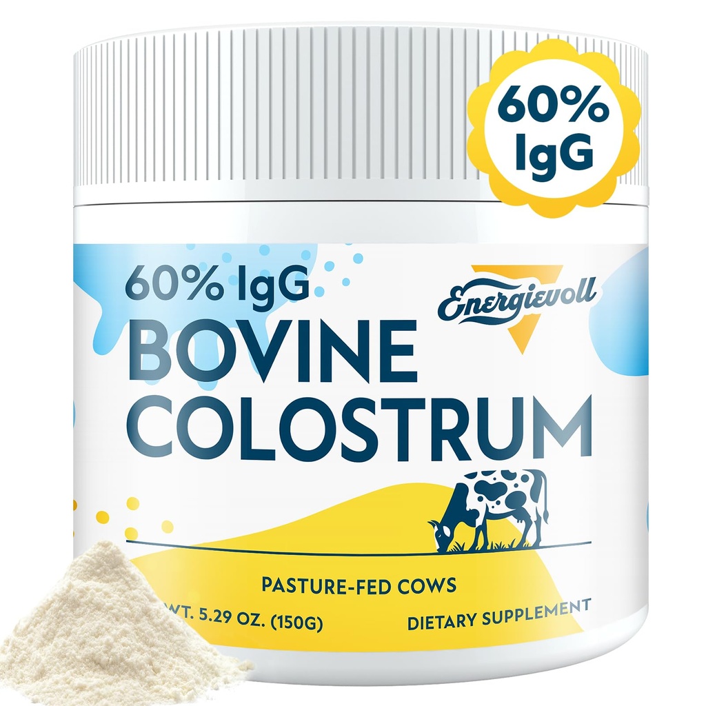 Bovine Colostrum Suplemento Polvo - 60% IgG 3000 mg para Gut, Crecimiento del cabello, Belleza e Inmune, Fácil de mezclar, Desarrollado (50 Servings)