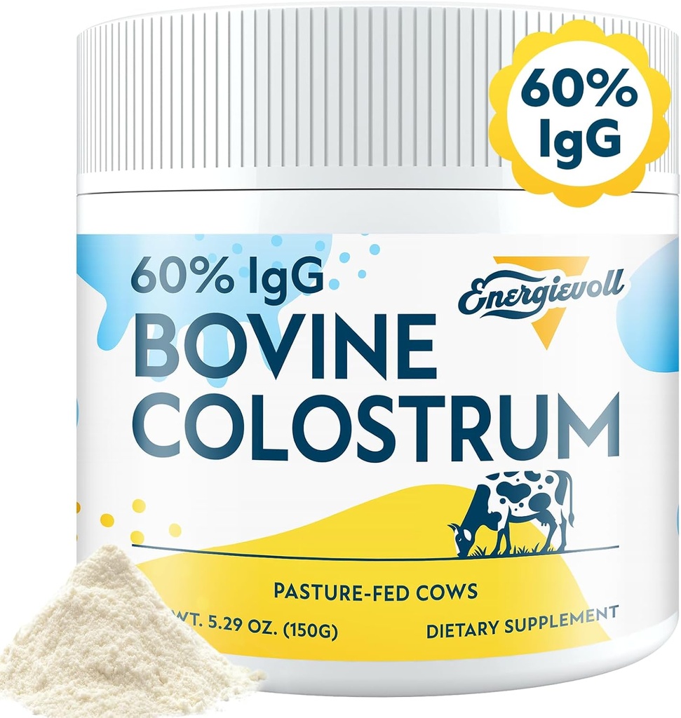 Bovine Colostrum Suplemento Polvo - 60% IgG 3000 mg para Gut, Crecimiento del cabello, Belleza e Inmune, Fácil de mezclar, Desarrollado (50 Servings)