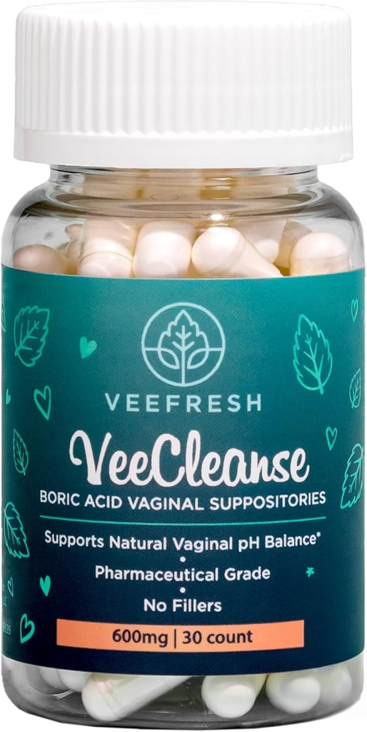 VeeFresh - VeeCleanse Boric Acid Vaginal Suppositories - Vaginal pH Balance Suppositorios - Control de olores vaginales - Siéntete fresco, femenino y con confianza