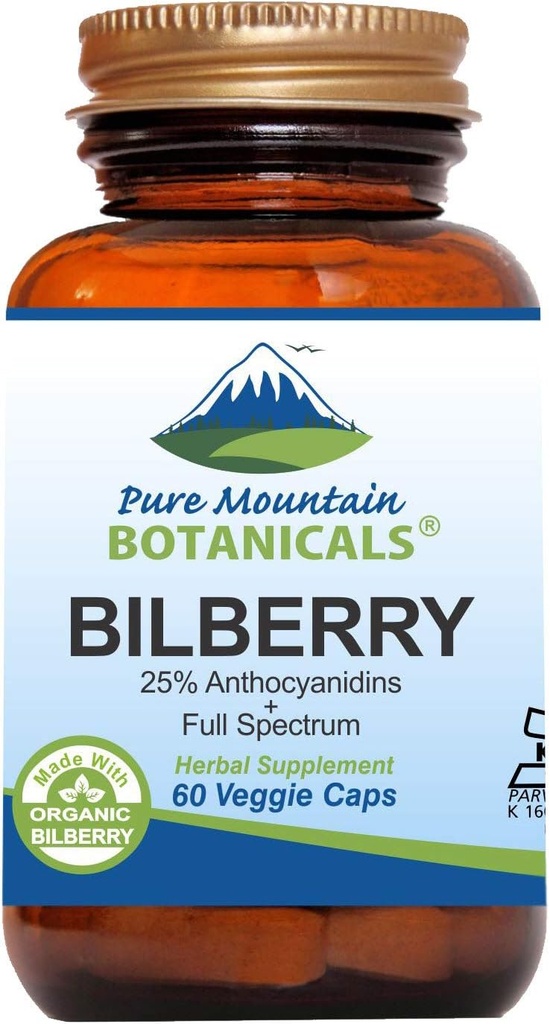 Pure Mountain Botanicals Bilberry Extract Suplemento Vegan Kosher Capsules con 250 mg de hoja de arándano orgánico &amp; 50 mg Potent Extract of Billberries