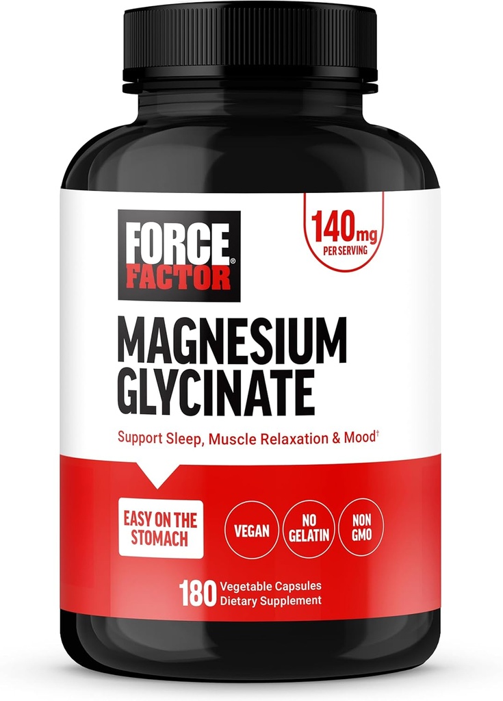 Factor de fuerza Magnesium Glycinate, Magnesium Supplement for Women and Men to Support Sleep, Muscle Relaxation, and Mood, Easy on The Stomach, Vegan, 3-Month Supply, 180 Capsules