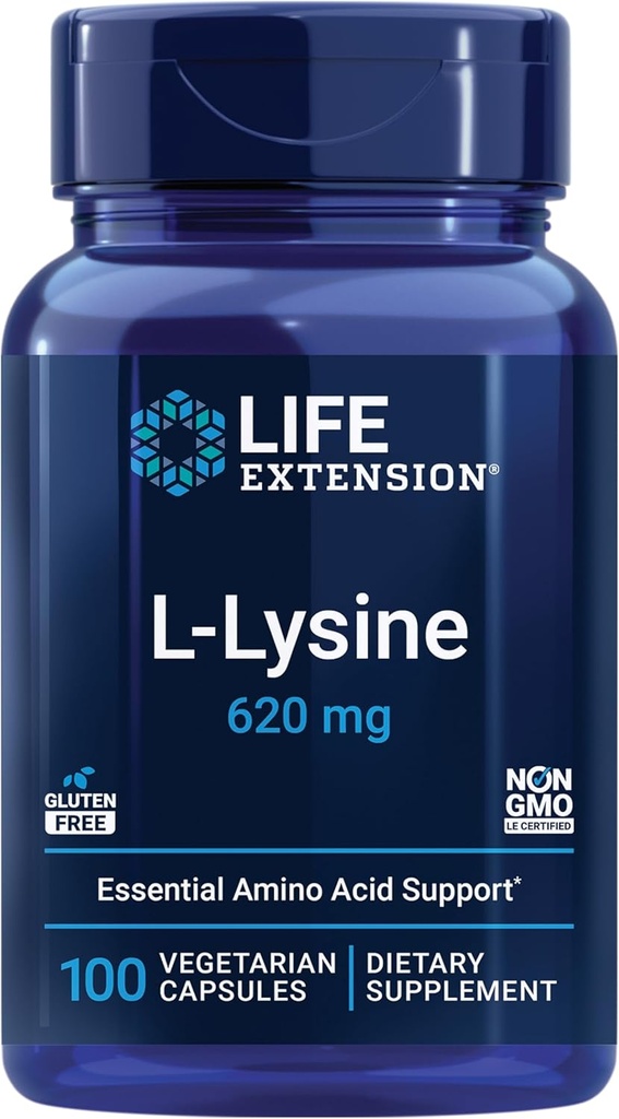 Extensión de vida L-Lysine, 620 mg, Aminoácidos esenciales para el equilibrio de nitrógeno saludable, metabolismo de calcio, respuesta de estrés " Más, libre de gluten, no GMO, vegetariano, 100 cápsulas