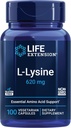 Extensión de vida L-Lysine, 620 mg, Aminoácidos esenciales para el equilibrio de nitrógeno saludable, metabolismo de calcio, respuesta de estrés " Más, libre de gluten, no GMO, vegetariano, 100 cápsulas