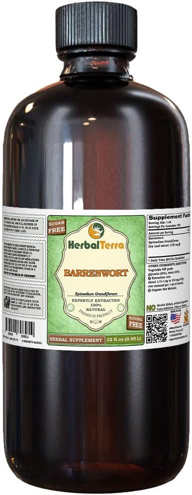 Barrenwort (Epimedium grandiflorum) Glycerite, Dried Leaves Alcohol-Free Liquid Extract (Marca: HerbalTerra, Proudly Made in USA) 32 fl.oz (0.95 l)