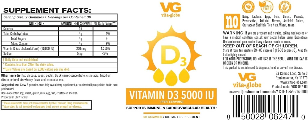 VITA GLOBE Vitamina D3 10,000IU con Zinc y Echinacea Gummy - Soporta Sistema Inmunitario Saludable, Huesos fuertes, dientes y músculos, 120 Conde (2-Pack)