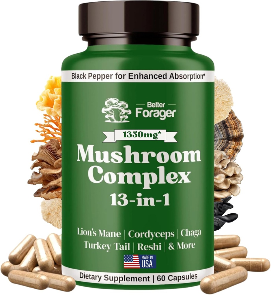Mushroom Complex Capsules, 13-in-1 Mushroom Suplemento, Lion's Mane, Reishi, Cordyceps, &amp; More, Promotes Focus, Clarity, &amp; Memory, Extract Supplement, 1 Month Supply, 60 Count
